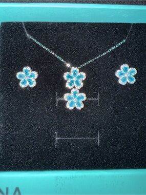 925 silver authentic blue apatite flower set- necklace, ring and earrings